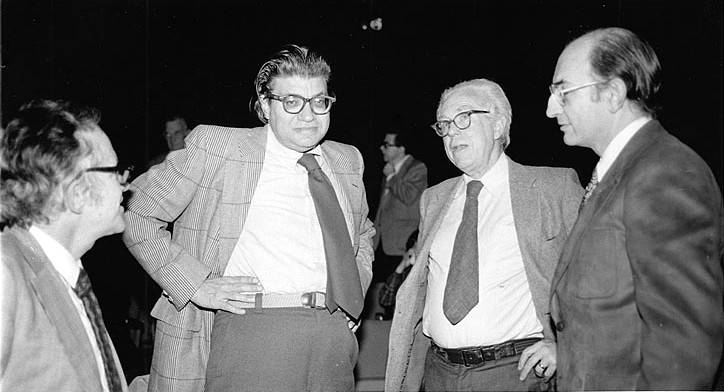 Un bel quadretto formato da Lejaren Hiller, Morton Feldman, Eliott Carter e George R. Levine