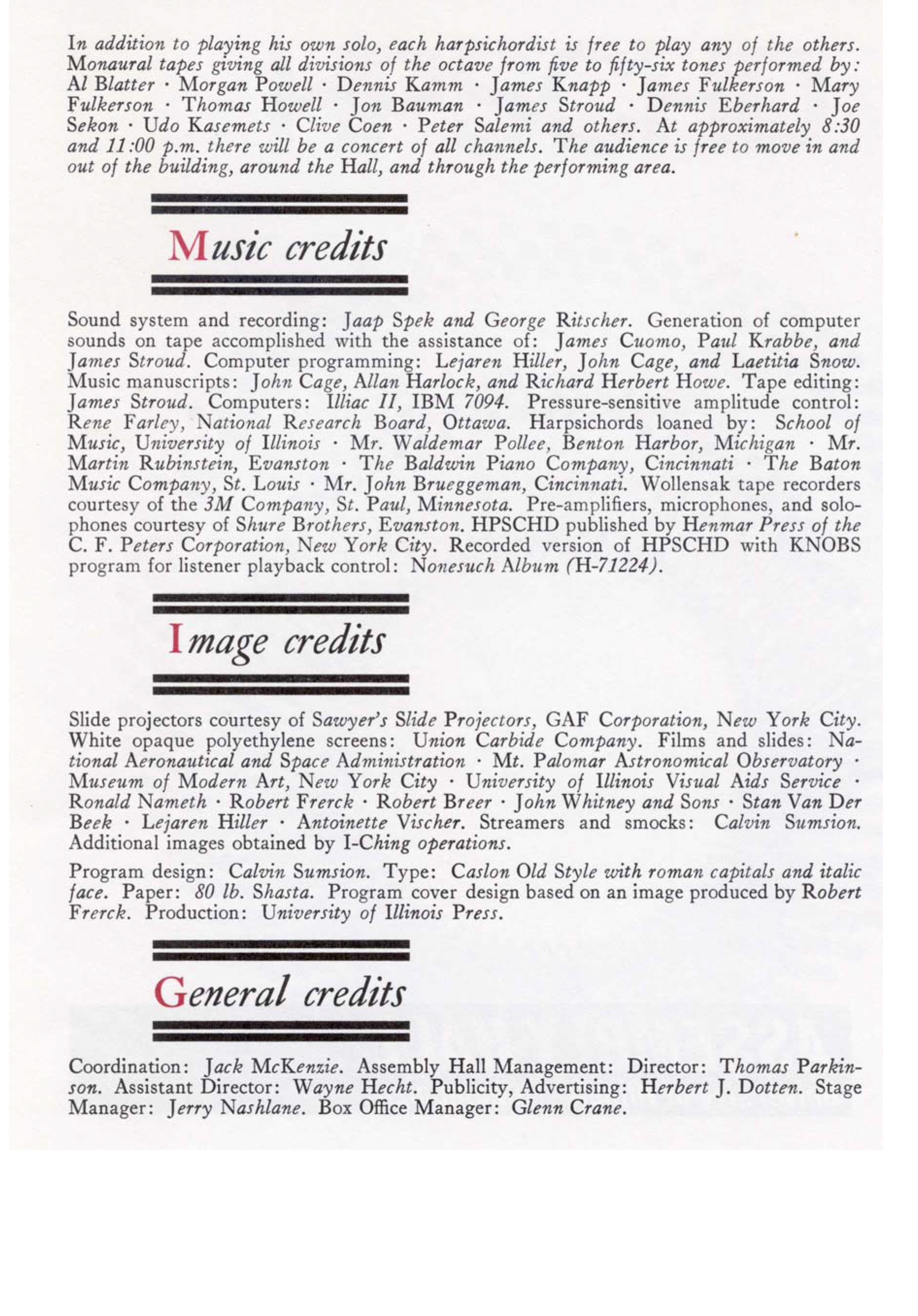La seconda pagina del programma di sala della prima esecuzione di HPSCHD, datata 16 Maggio 1969.