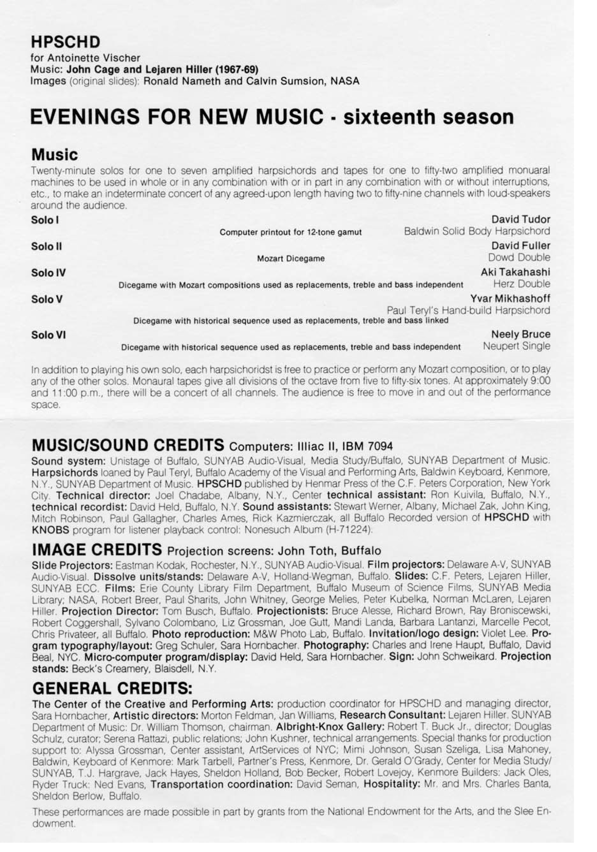 Il programma di sala per la performance alla Albright-Knox Art Gallery, 1980.