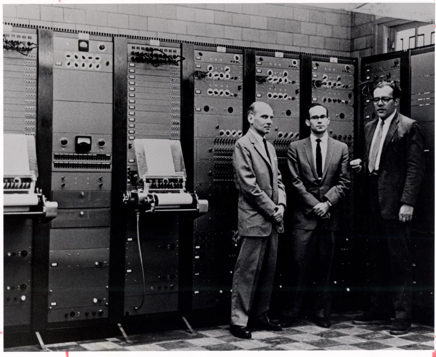 Milton Babbitt, Peter Mauzey, and Vladimir Ussachevsky with the RCA Mark II Synthesizer
