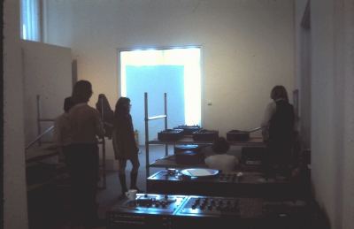 John Cage and Lejaren Hiller HPSCHD - 1971 SUNY Albany performance - back room setup with lots and lots of tape recorders